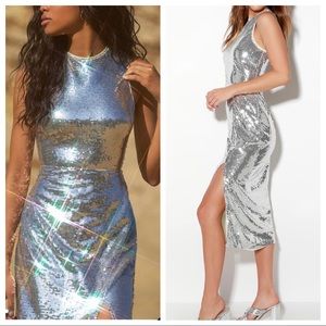 High Shine Silver Sequin Bodycon Midi Dress